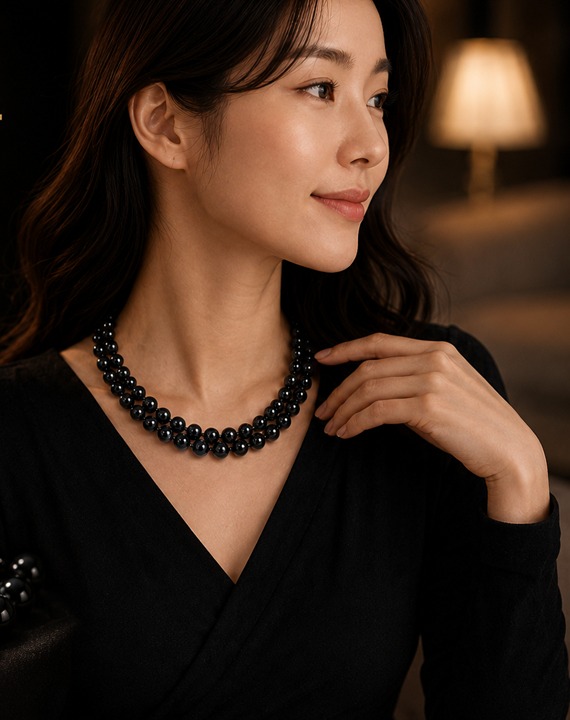 QELBY 소마티드 목걸이를 착용한 여성 인물 사진