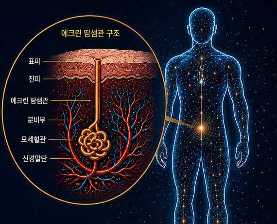 에크린 땀샘관 구조 단면 다이어그램(표피, 진피, 분비부, 모세혈관, 신경말단)과 인체 실루엣 그래픽